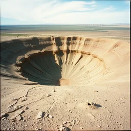 giant deep crater crater in the dry badlands, traces of an explosion, lomography cn 8 0 0, landscape photography by filip hondas