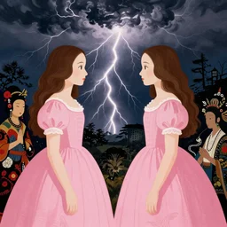portrait of twins wearing pink dresses, standing facing each other in front of a lightning storm, intricate details, high detail, renaissance style, super-flat, in the style of Jean Auguste Dominique Ingres, James Jean, punk, Asian art,