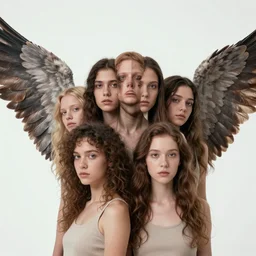a human with four faces and four wings, ultrarealistic
