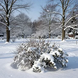 a winter landscape with shrubs and trees on a clear day, in dadaism style
