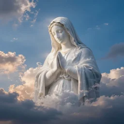 very faint virgin mary portrait in form of white cloud blue sky with dramatic sunset clouds