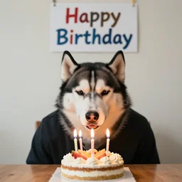 a man with the head of siberian husky blowing out candles on a birthday cake. there's a sign above him that says happy birthday