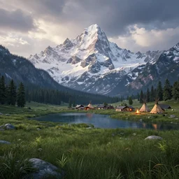 beautiful render of a winter landscape, unreal engine, first light, majestic snowy mountains, lake, lush grass, dramatic clouds, teepee, village, campfire, soft light, by greg rutkowski, cgsociety - n 5