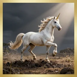 A Unicorn stepping on landmine, fantasy art