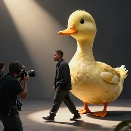 a paparazzi photo of kanye west walking next to a giant duck