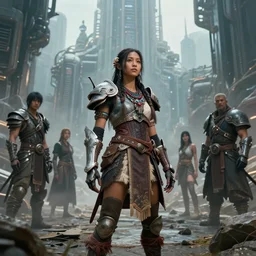 a portrait of a small tribal women with sci-fi armour standing in the foreground of a mechanical city by Greg Rutkowski, Sung Choi, Mitchell Mohrhauser, Maciej Kuciara, Johnson Ting, Maxim Verehin, Peter Konig, final fantasy , mythical, 8k photorealistic, cinematic lighting, HD, high details, atmospheric,