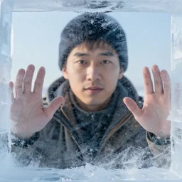see through clear sheet of ice in front of man man behind ice