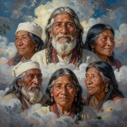 faces of indigenous amazonian grandfathers and grandmothers spirits in the clouds, smiling, protection, benevolence, ancestors, detailed faces, hindouist painting, religious painting, art by christophe vacher