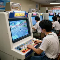 a ddr machine with people playing it in the year 1 9 9 9 in japan, photorealistic, ultra realistic, hd, 8 k