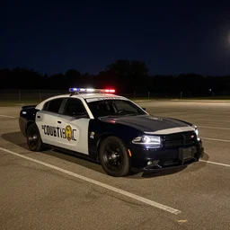 a photo of a dodge charger county sheriff livery parked in an empty parking lot at night