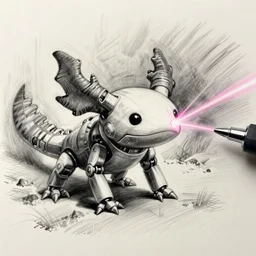 a robotic axolotl shooting lasers. sketch art. graphic pen. high detail. comic art.