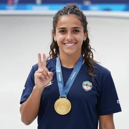 portrait of rayssa leal winning the gold medal for skateboarding, photorealistic, highly detailed, olympics, tournament