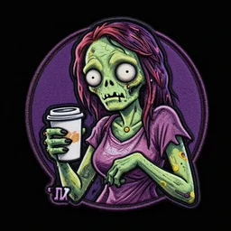 patch logo design, mary louise brooks as a zombie holding coffee cup, high detail spiral design