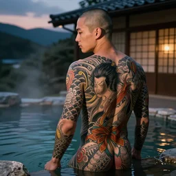 Monroe with shaved head, with yakuza Japanese full body tattoo, hot spring house