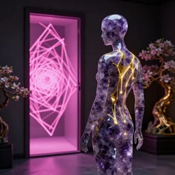 beautiful mannequin sculpted out of amethyst by billelis + lit with geometric neon dripping gold + kintsugi, facing a doorway opening with neon pink geometric fractal light + flowering bonsai trees + lighting in background, transcendent, clean linework, dramatic, finely detailed, award winning, dramatic, moody, 4 k, trending on artstation, photorealistic, volumetric lighting, octane render