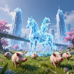 skybridge towers, prehistoric hell pigs, Cold as ice! 🧊, cinematic, hyper realism, high detail, octane render, unreal engine, 8k, vibrant color!, Corpse Bridegroom of the Spring, the gleaming guardian of the meadow!!!, A synthwave horse inspired by Tron!!, by dom qwek and andrea chiampo