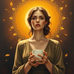 emma watson epic painting, full figure portrait of beautiful goddess wearing olive dress holding tea cup with golden glow background, drawing, photography by amy leibowitz, wlop, jeremy lipkin, beeple, intricate golden fractals, team leaves flying in the sky, symmetrical front portrait, artgerm