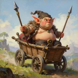 painting of chubby goblin riding in a rickety wooden cart rolling down a hill holding a lance, fantasy art, magic : the gathering art, by douglas shuler