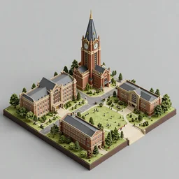 a isometric diorama of a univeristy and campus, steampunk architecture