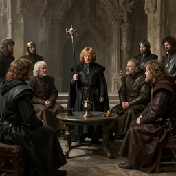 middle ages, tywin lannister discusses war strategy with his military advisors, council chambers, game of thrones | | realistic shaded, fine details, realistic shaded lighting painting by greg rutkowski, diego gisbert llorens, magali villeneuve, artgerm, jeremy lipkin, michael garmash, rob rey
