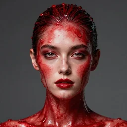 fashion model with head and face covered in red liquid, realistic, symmetrical, studio lighting, ultra detail, photograph