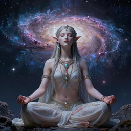 ascending meditating elven princess, dmt shaman, surreal, alien, alien planet, space, galaxy by durer