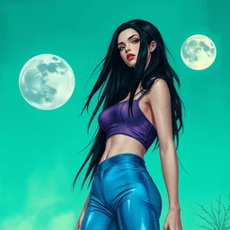 longest black hair, blue latex pants, purple croptop, two moons, acid green sky. highly detailed, digital painting, watercolor, engraving, artstation, concept art, smooth, sharp focus, vivid grunge, manga, illustration, unreal engine 5, 8 k, art by bilibin and kilian eng and kuvshinov and malevich and mucha