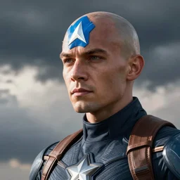avatar aang as captain America, blue arrow on head, bald, realistic