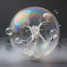 surreal, abstract, spinning, motion, reflective rainbow bubbles, fog, mist, smoke, milk drops, synapses, nerves, brains, light bulbs, matte painting by Bruce Munro and RHADS
