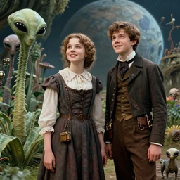 detailed, sharp, a girl and a boy standing next to some alien plants, looking happy, wearing 1850s era clothes, their small pet alien creature is standing nearby, in a park on an alien planet, steampunk, extremely highly detailed, hyperrealistic, in focus faces, ultra realistic facial details, 70 mm still from a period sci fi movie, 8k, HD, good lighting