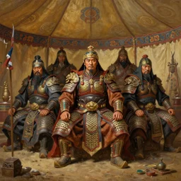 portrait of smart tai armored warlords sit in tai ancient war traditional tent, tribal ground, tribal tent, asian interior decoration, oil painting, fantasy, detailed and intricate environment,