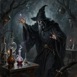 a ominous illustration of a dark wizard casting a spell, alchemist lab, painting oil on canvas by moebius, octane render, trending on artstation, 8k,
