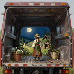 classic oil painting, the inside of a dump truck, bed time scene, goodnight, as a dnd character, cottagecore, highly detailed, digital illustration, concept art, smooth, sharp focus, art by greg hildebrandt, and tim hildebrandt