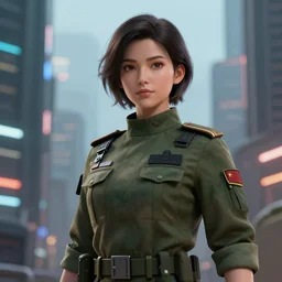 trending on artstation 4k, unreal engine render, beautiful close-up illustration of military woman standing in cyberpunk city
