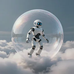 a robot floating inside of a soap bubble among the clouds, ethereal, fantasy, style of rene magritte