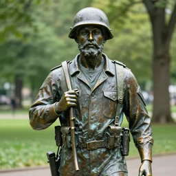 a 4 k photorealistic photo medium shot waist up of a bronze statue of a young american soldier with a beard in a park