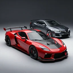 a sports car based on nissan, acura and chevy sports car body styles, nissan sports cars, chevy sports cars, acura sports cars, red and black paint, trending on artstation, unreal engine, studio lighting, by jotaautomotive, nancorocks and khyzyl saleem