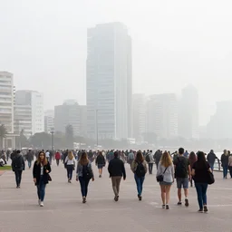 Crowd of people walking in Mar del Plata by Alex Horley , ortographic, volumetrig fog