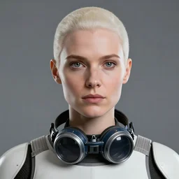 still from star wars of head and shoulders portrait, female artificer, gray eyes, welding goggles around neck, strawberry blonde, elf, d & d, steampunk, by artgerm, facial detail, extremely detailed, comic book cover photo