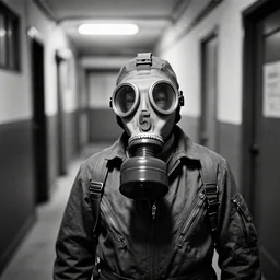 A photograph of a dwarf in a GP-5 gas mask and a flight suit, inside the halls of the Kowloon Walled City. Film Noir. High Contrast. Black and White.