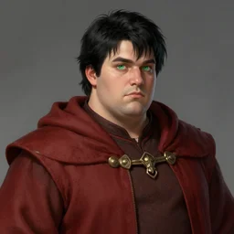 realistic portrait, 25 years old man :: overweight fantasy mage :: green eyes, short black hair :: wearing a red brown robe :: high detail, digital art, RPG, concept art, illustration