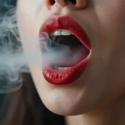 an cinematic closeup of a woman's mouth open, smoke, red lips, open, smoke coming out, ultra realistic, canon, 3 5 mm, bokeh