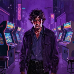 painting of the figure of a man in a haunting scenery during the 1 9 8 0's, stephen king inspired, the it, true detective, city, video club, arcade store, high contrast, concept art, fully colored, purple filter, neon, dramatic lighting, digital art, 8 k, extremely detailed, drawn by ruan jia