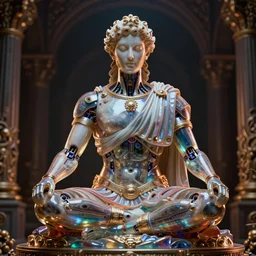 vibrant ultra clear sculpture of beautiful cyborg roman god meditation position by ron english cybernetics, low contrast, cinematic dramatic lighting, hyper realistic detailed render, hypermaximalist, ornate, epic composition, 4 k 8 k, cryengine octane blender, sharp focus, concept art, masterpiece of art