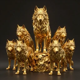 wolves and their treasures - golden sculptures - dramatic lighting, trending on artstation, highly detailed render by studio ghibli