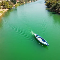 by moebius and atey ghailan | a bright green river with clear crystal boats moving up and down it |