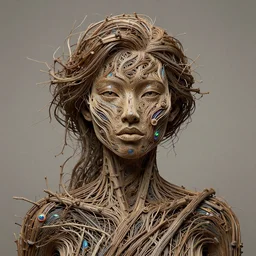 portrait of a woman made of branches. intricate abstract. intricate artwork. by tooth wu, wlop, beeple, dan mumford. trending on artstation, greg rutkowski very coherent symmetrical artwork. cinematic, hyper realism, high detail, octane render, 8 k, iridescent accents