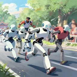 running robots in a marathon, digital painting, illustration by artgerm and greg rutkowski and makoto shinkai, artstation