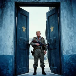 film still, extreme far view, donald trump vietnam door gunner, film still from apocalypse now ( 1 9 7 9 ), 2 6 mm, kodak ektachrome, blue tint expired film