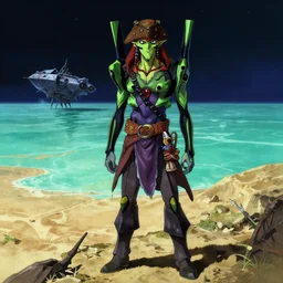 a green tiefling pirate stands beside his wrecked spelljammer at the bottom of a dried - up lake in a turquoise desert beneath a starless night sky, evangelion, kyoto animation still, intricately detailed features, digital painting, yoshiyuki sadamoto, painted by ilya kuvshinov and katsura masakazu and alphonse
